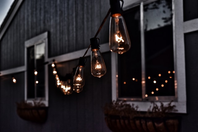 Outdoor lights in a garden setting